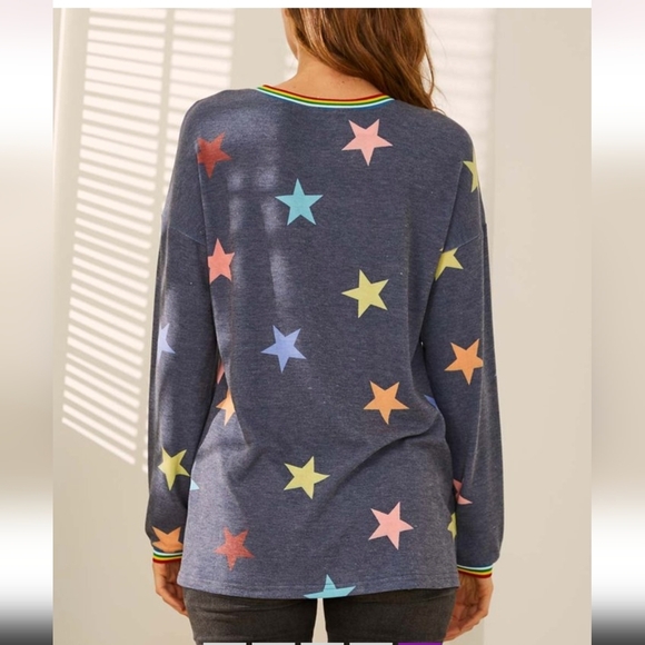 Navy Star Rainbow Stripe-Trim Relaxed-Fit Crewneck Sweater - Picture 5 of 5